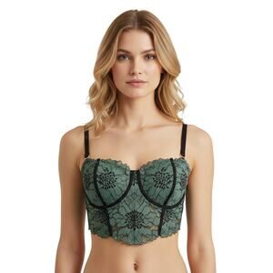Real Power Midnight Lace Unlined Corset Bra Sage Green 34D Aerie Back Closure